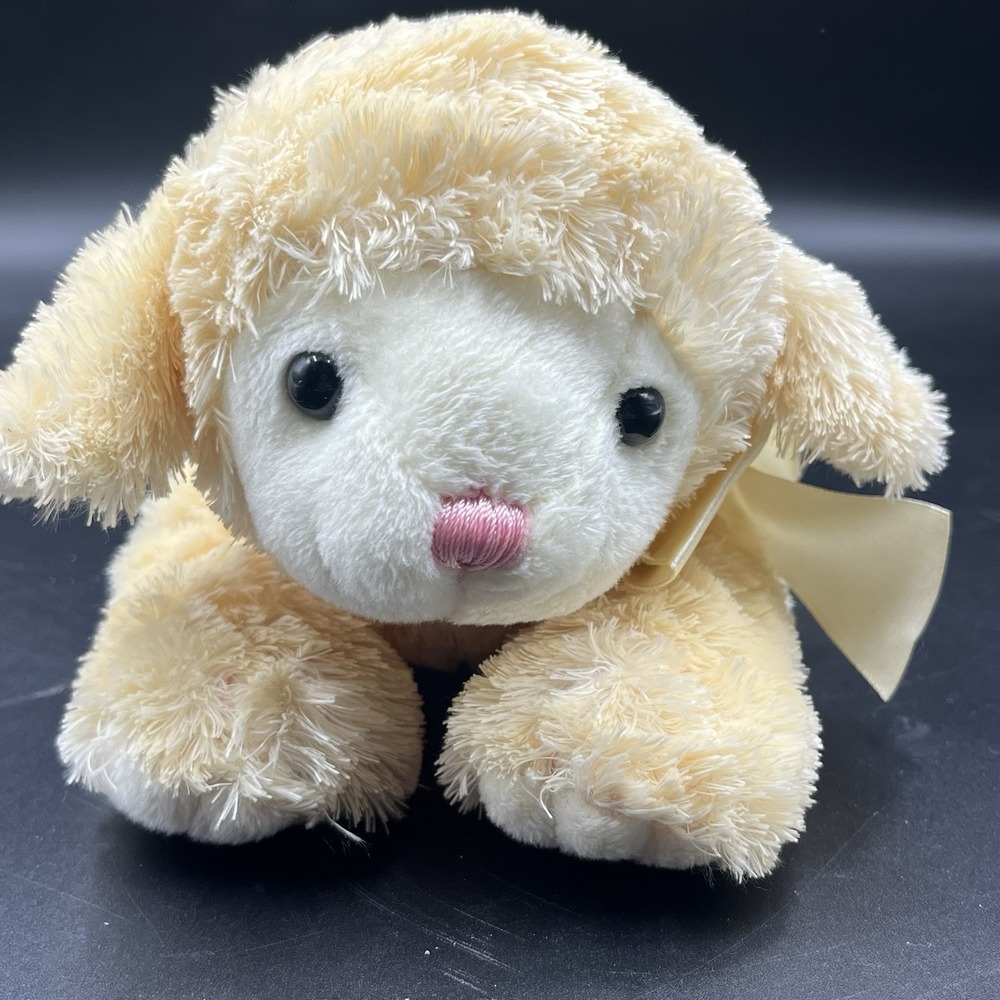 The‎ Plush Factory 2006 Cream & White Lamb Stuffed Sheep Beanbag Plush 12" Bow